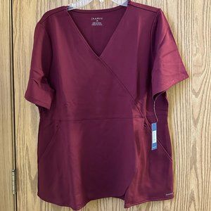 NWT 1X burgundy Jaanuu Women's Tulip Mock-Wrap Scrub Top